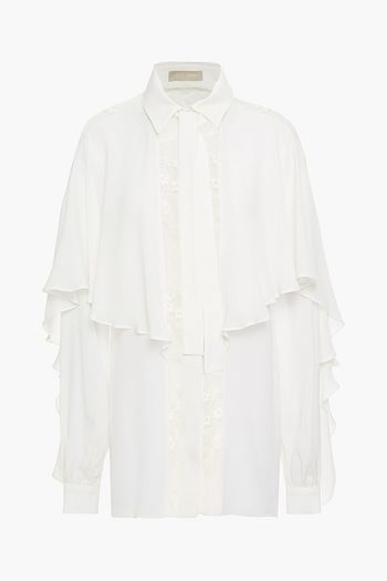 ELIE SAAB Lace-trimmed ruffled silk-crepe de chine shirt