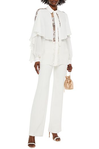 ELIE SAAB Lace-trimmed ruffled silk-crepe de chine shirt