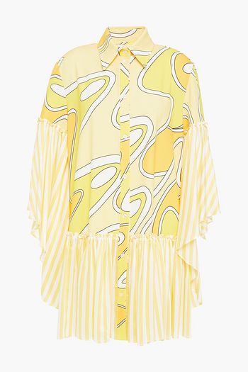 SARA BATTAGLIA Paneled printed crepe de chine and voile mini shirt dress