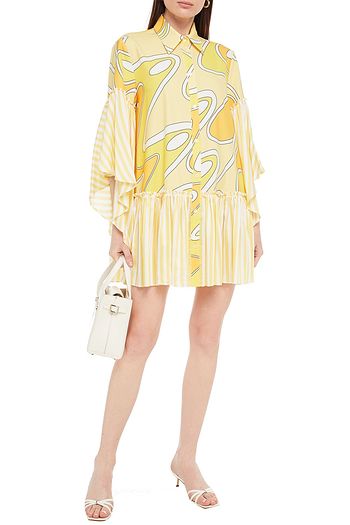 SARA BATTAGLIA Paneled printed crepe de chine and voile mini shirt dress