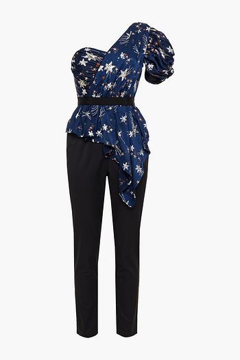 SELF-PORTRAIT One-shoulder embellished satin and crepe jumpsuit