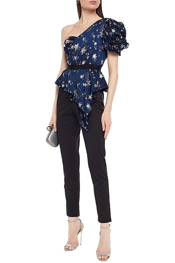 SELF-PORTRAIT One-shoulder embellished satin and crepe jumpsuit