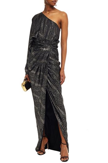 REDEMPTION One-shoulder draped metallic silk-blend jacquard gown