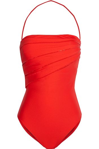 LA PERLA Conchiglia pleated sequin-embellished bandeau swimsuit