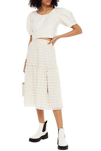 WALTER BAKER Lilian ruffle-trimmed gingham seersucker midi skirt