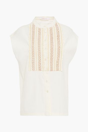 SEE BY CHLOÉ Embroidered shirred stretch-cotton seersucker top