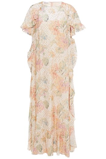 REDVALENTINO Ruffled metallic fil coupé floral-print chiffon midi dress