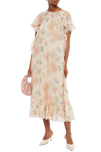 REDVALENTINO Ruffled metallic fil coupé floral-print chiffon midi dress