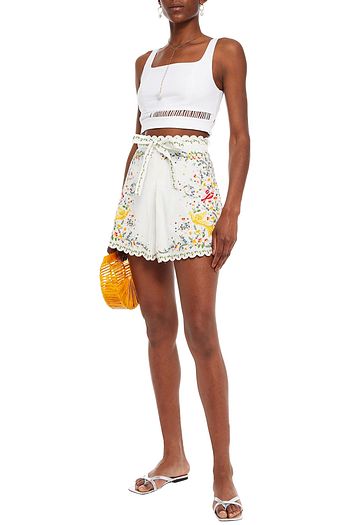 ZIMMERMANN Belted embroidered linen and cotton-blend shorts