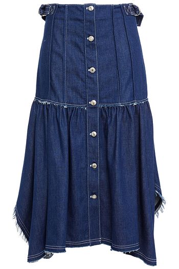 CHLOÉ Asymmetric frayed denim midi skirt