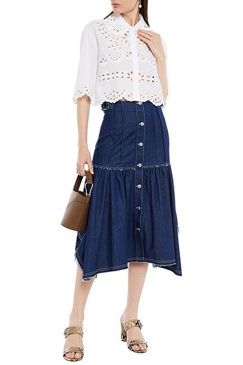 CHLOÉ Asymmetric frayed denim midi skirt