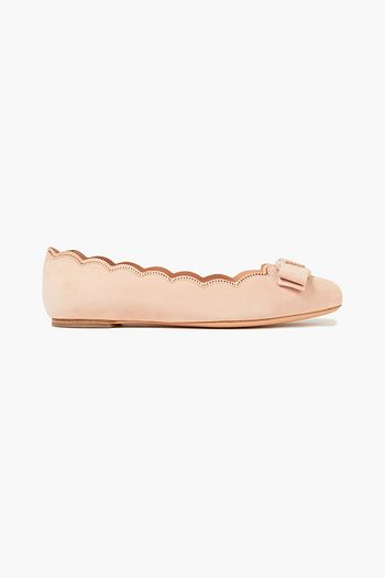 SALVATORE FERRAGAMO Varina bow-embellished scalloped suede ballet flats