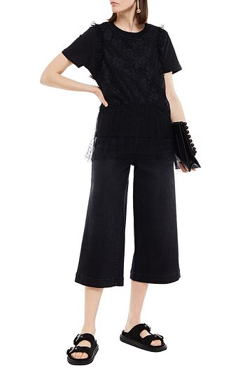 REDVALENTINO Asymmetric layered lace, point d'esprit and cotton-jersey T-shirt