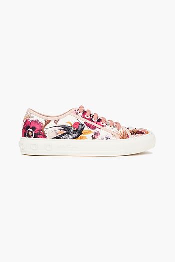 SALVATORE FERRAGAMO Borg leather-trimmed printed twill sneakers
