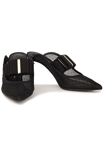 SALVATORE FERRAGAMO Zelda bow-embellished flocked mesh mules