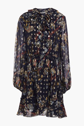 CHLOÉ Bedrucktes Minikleid aus Seiden-Georgette mit Metallic-Fil-Coupé und Rüschen