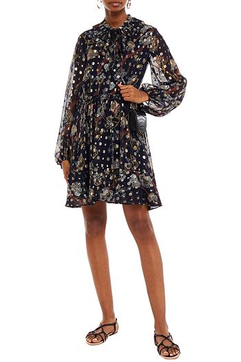 CHLOÉ Bedrucktes Minikleid aus Seiden-Georgette mit Metallic-Fil-Coupé und Rüschen