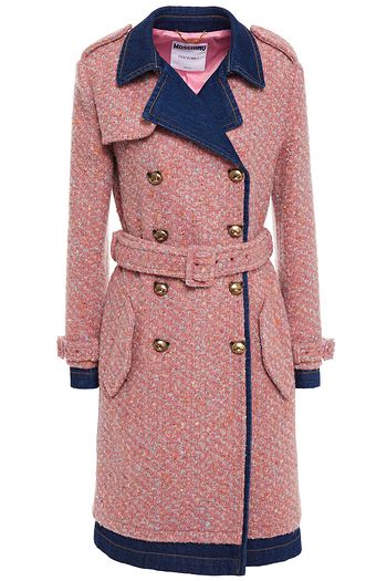 MOSCHINO Denim-trimmed wool-blend bouclé-tweed trench coat