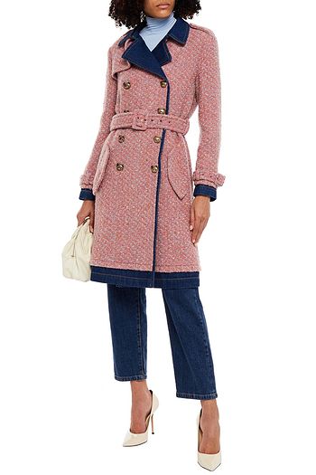 MOSCHINO Denim-trimmed wool-blend bouclé-tweed trench coat