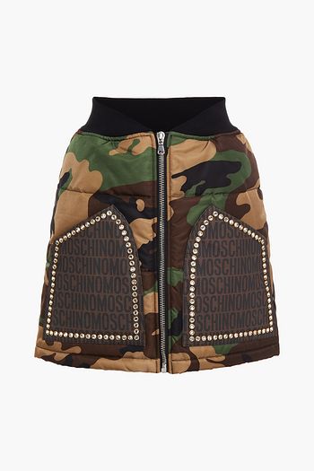 MOSCHINO Crystal-embellished quilted printed shell mini skirt