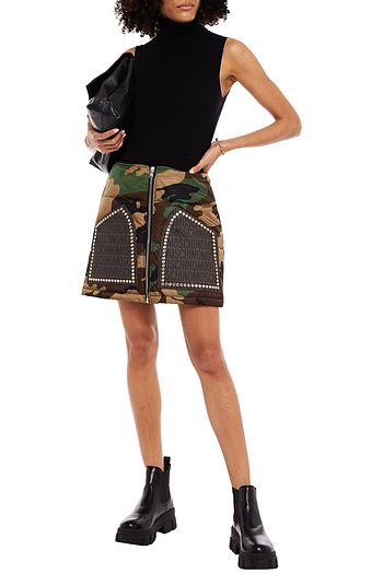 MOSCHINO Crystal-embellished quilted printed shell mini skirt
