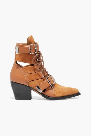 CHLOÉ Rylee lace-up cutout leather and suede ankle boots