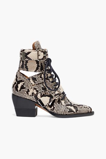 CHLOÉ Rylee lace-up cutout snake-effect leather ankle boots