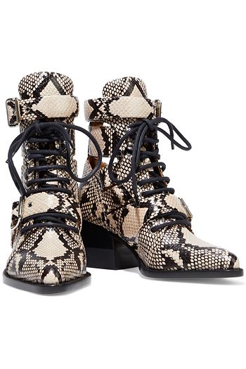 CHLOÉ Rylee lace-up cutout snake-effect leather ankle boots