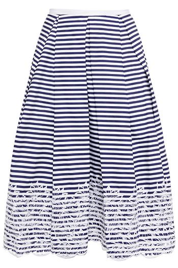 ERDEM Ina broderie anglaise-trimmed pleated striped cotton-blend poplin midi skirt