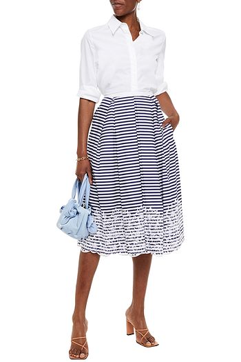 ERDEM Ina broderie anglaise-trimmed pleated striped cotton-blend poplin midi skirt