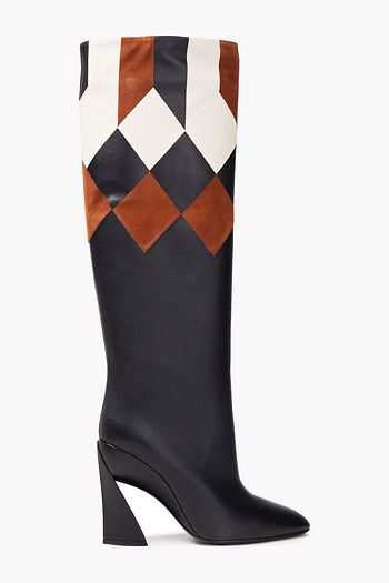 SALVATORE FERRAGAMO Antea patchwork-effect suede and leather knee boots