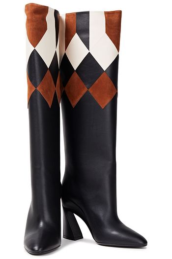 SALVATORE FERRAGAMO Antea patchwork-effect suede and leather knee boots