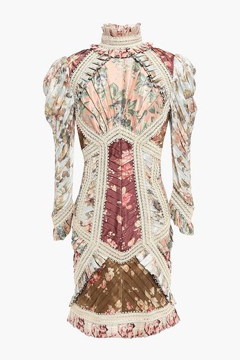 ZIMMERMANN Pleated appliquéd floral-print silk mini dress