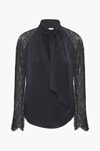 JONATHAN SIMKHAI Wrap-effect Chantilly lace-paneled silk-blend satin blouse