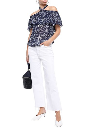 MICHAEL MICHAEL KORS オープンショルダー ラッフル付き フローラルプリントクレープデシン トップス