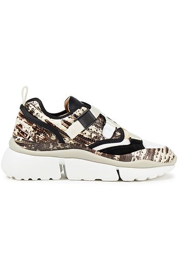 CHLOÉ Paneled lizard-effect leather and mesh sneakers