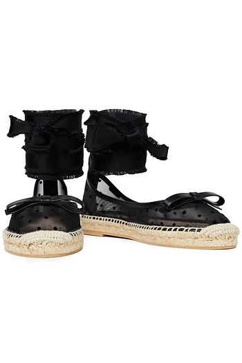 RED(V) Leather-trimmed lace-up flocked mesh espadrilles