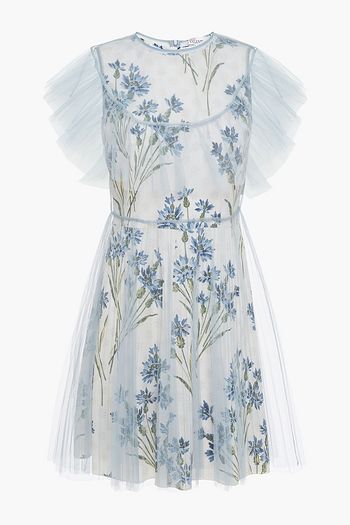 REDVALENTINO Ruffled layered tulle and floral-print crepe de chine mini dress