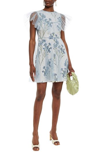 REDVALENTINO Ruffled layered tulle and floral-print crepe de chine mini dress