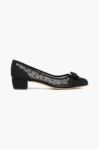 SALVATORE FERRAGAMO Vara bow-embellished flocked mesh and grosgrain pumps