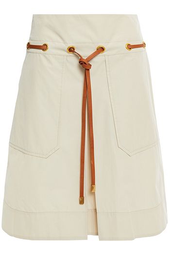 TORY BURCH Plissierter Rock aus Popeline aus einer Baumwollmischung mit Lederbesatz