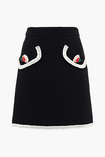 MOSCHINO Crochet-trimmed appliquéd wool-blend crepe mini skirt