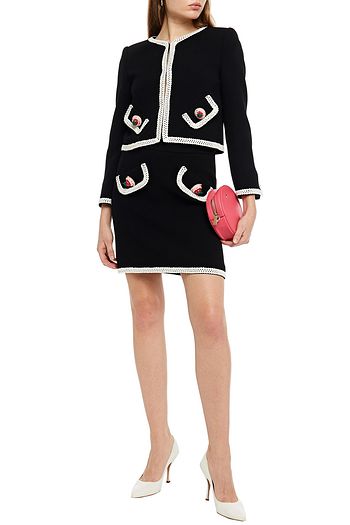 MOSCHINO Crochet-trimmed appliquéd wool-blend crepe mini skirt
