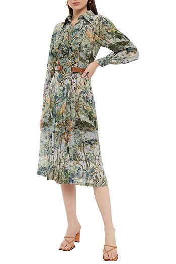 ALBERTA FERRETTI Pleated printed silk crepe de chine midi shirt dress