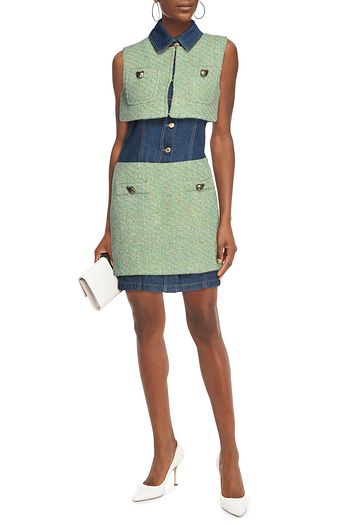 MOSCHINO Denim-paneled wool-blend bouclé-tweed mini dress