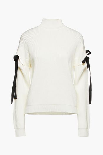 BOUTIQUE MOSCHINO Cutout bow-detailed ribbed wool turtleneck sweater