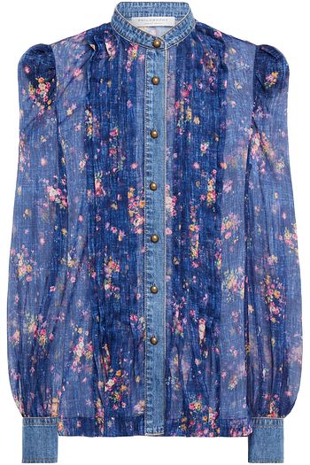 PHILOSOPHY DI LORENZO SERAFINI Denim-trimmed gathered floral-print chiffon blouse