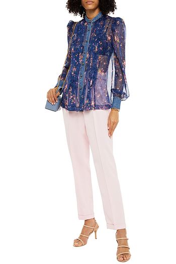 PHILOSOPHY DI LORENZO SERAFINI Denim-trimmed gathered floral-print chiffon blouse