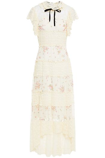 PHILOSOPHY DI LORENZO SERAFINI Asymmetric embroidered tulle and floral-print chiffon midi dress