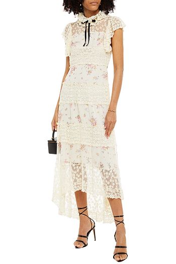 PHILOSOPHY DI LORENZO SERAFINI Asymmetric embroidered tulle and floral-print chiffon midi dress